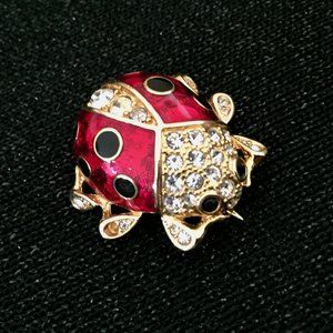 Vintage Joan Rivers Red Enameled Lady Bug Brooch Clear Rhinestones, Black Enamel